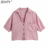 Women Fashion Candy Color Double Pockets Loose Linen Smock Blouse Lady Buttons Short Shirt Chic Kimono Blusas Tops
