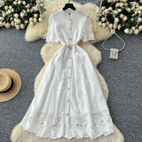 Fongt Summer Women's Dress Small High-End Embroidery Single Buckle Waist Elegant Knee Long Skirt