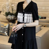 Casual V-Neck Lace Patchwork Mini Dress Summer Short Sleeve Fashion Single-breasted Women's Clothing Korean A-Line Dresses-Outfit