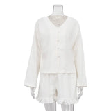 Fongt Women's Summer New Set Beige Long Sleeve Loose Casual Shirt High Waist Shorts Two-Piece Set-Outfit