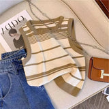 Striped Tank Women Slim Knitting Camisole Crop Tops Female Bodycon Knitted Tanks Sleeveless Short Tee shirts-Outfit