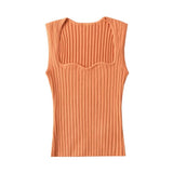 Fashionable Women's Dress Square Collar Wavy Vest Vertical Pit Strip Slim Body Navel Short Solid Color Sleeveless Blouse-Outfit
