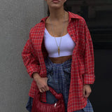Fongt 2023 New Women's Red Plaid Shirt With Women's Casual Design Sense Loose Long-Sleeved Shirt-Outfit