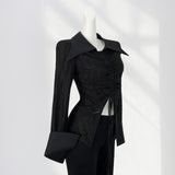 Fongt Earth Wind Unique Top Show Waist Short Black POLO Pointed Collar Draw Rope Horn Sleeve Shirt Forest Witch Wear-Outfit