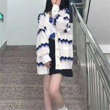 Fongt Wave Color Stripe Knit Cardigan Female Medium Long Jacket Coat Autumn 2024 New Style Lazy Wind-Outfit
