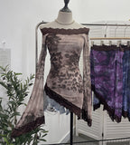 Fongt Leopard Print Lace Spliced Double-Layer Mesh Shoulder Irregular Loudspeaker Top 9912