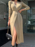 New 2022 V-Neck Lace Up Knitted Split Fashion Elegant Lady Autumn Winter Women Sweater Dresses Long Dresses