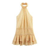 Fongt Summer New Cascade Decoration Hanging Neck Print Short Dress