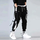 Personality Hip-Hop Tide Card Loose Movement Machine Can Overalls Men's Letter Large Pocket Ribbon Leisure Rainbow Pants-Outfit