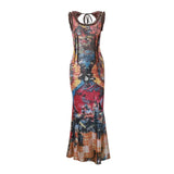 Fongt Ins Women's Summer 2023 New Fashion Vintage Tie-Dye Print Sexy U-Neck Slim Dress Long