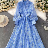 Fongt Retro Elegant Dress Woman 2025 New High-End Collar Single Buckle Waist Embroidery Mesh Dress