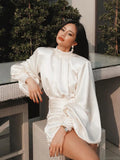 Ruched Satin Dress Women White Latern Sleeves Sexy Party Dress Autumn Night Club Mini Dresses 2023 Vestdios-Outfit