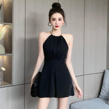 Fongt Pleated Slim Sleeveless Short Wide-Leg Pants With Pocket Jumpsuits-Outfit