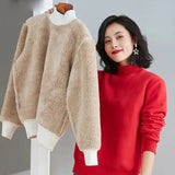 Thicken Sweatshirt Women's Casual Loose Lambwool Half Turtleneck Pullover Streetwear Warm Tops Fleece Lined