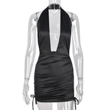 Sexy Halter Neck Deep V Backless Bodycon Mini Dress Women Sleeveless Drawstring Ruched Dresses 2022 Summer Black Gothic