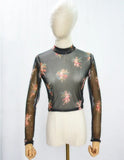 Fongt Women's Mesh Hollow Out Butterfly Print Long Sleeve Crop Short T-Shirt Bottom Shirt