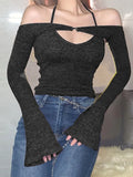 Top Women Long Sleeve T-Shirts 2 Piece Tops Halter Tanks Backless Crop Top Off Shoulder Tees Sexy Christmas