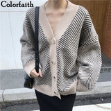 2021 Women's Knitwear Winter Spring Striped V-Neck Cardigans Buttons Oversize Korean Style Lady Sweaters Tops