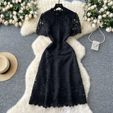 Fongt Squeer Hook Lace Dress Female French Waist Thin Temperament Short-Sleeved Long Dress 2025 Summer