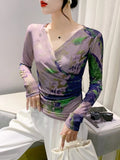 Wrinkled Cross V-Neck T-shirt Women Fashion Long Sleeve Mesh Printing Slim Fit High Stretch Tees Tops FF0890-Outfit