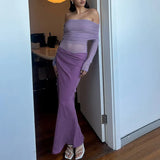 Fongt Autumn And Winter Women's Fashion Word Shoulder Long Sleeves Bare Waist Mesh Splicing Bag Of Hip Dress