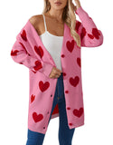 Fongt New Valentine's Day Love Knitted Cardigan V-Neck Button Long Coat Sweater Woman