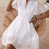 Fongt Fashion Hot White Cotton Embroidered Lace Hollow Dress