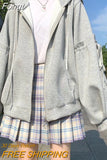 Preppy Style Gray Zip Up Hoodies Women Harajuku Hip Hop Oversized Sweatshirts Black Loose Casual Tops Jacket