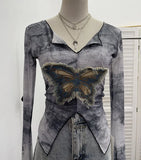 Fongt Shooting Amount Of Bumpy Tulle Spliced Denim Butterfly Design Sunscreen Coat V Collar Short T-Shirt 1965