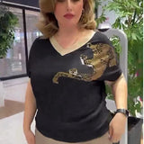 Fongt Sexy Fashion Plus-Size Women's V-Neck Loose Print T-Shirt