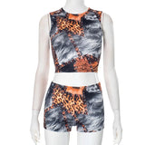 Fongt Women's Autumn And Winter Leopard Print Sleeveless Vest Shorts Open-Umbilly Shorts