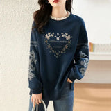 Color Printed Thick Sweatshirts Women's Clothing Autumn Winter Korean Patchwork Loose Long Sleeve Lace Round Neck Pullover-Outfit