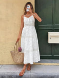 Fongt Women's New Sling INS Hot V-Neck White Hollow Escium Embroidery Dress