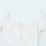 New French Vintage Design Pleated Square Collar Bubble Sleeve Shirt-Outfit