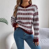Shooting 2025 Autumn And Winter Round Neck Retro Striped Lantern Long-Sleeved Jacket Sweater Women's