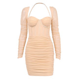 Fongt Women's Sexy Mesh Perspective Fishbone Fold Show Back Tight Package Hip Halter Skirt Summer Dress