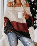Fongt And Winter Women's One Word Collar Loose Splicing Color Knit Jumper Sweater
