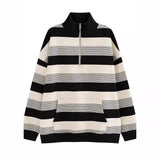 Vintage Striped Print Half Zip Oversized Sweatshirt-Outfit