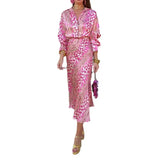 Fongt 2024 New Women's Print Elegant Lapel Long Sleeve Shirt High Waist Skirt Fashion Suit