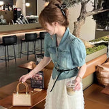 Short Sleeve Denim Shirt Women New Casual Single-Breasted Slim Top with Belt Short Denim