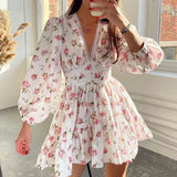 Fongt Women's Temperament Sweet Broken Flower High Waist Repair V Collar Short Long Sleeve Dress