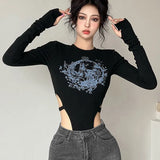 Sexy Printed Bodysuit Women's One-piece Clothes Long Sleeves Versatile Jumpsuit-Outfit