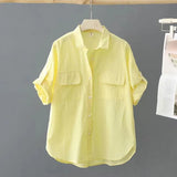 Fongt Short-Sleeved Solid-Colored Shirt Women 2025 Summer New Outer Shirt Design Sense Double Pocket Loose Thin Top Woman