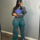 Fongt Women's Explosive Fashion Fashion Trend Multi-Pocket Tie Jeans High-Rise Straight Trousers