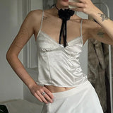 Temperament Pure Color Lace Splicing V-Collar Chest-Shaped Satin Satin Vest 2024 Spring / Summer New Style-Outfit