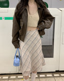 Fongt Chic Spring French Retro High Waist Cover Span Versatile Color Check Bag Buttock Skirt Fishtail Skirt Skirt Woman-Outfit
