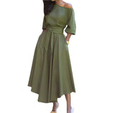 Fongt Women's Slanted Shoulder Tie Strap Belt Belt Solid Color Swing Spring Dress