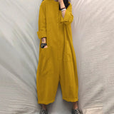 New Women Oversized Jumpsuit Female Loose Baggy Long Romper Simple Pockets Overalls Casual Solid Stand Collar Jumpsuits-Outfit