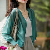 Lady 2023 New V-Neck Pullovers Lantern Sleeve Knitted Spring Summer Fashion Elegant Single-breasted Solid Color T-shirt-Outfit