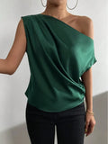 2024 Pure Satin Imitation Silk Irregular Sloping Shoulder Collar Sleeveless Shirt Women's Dress-Outfit